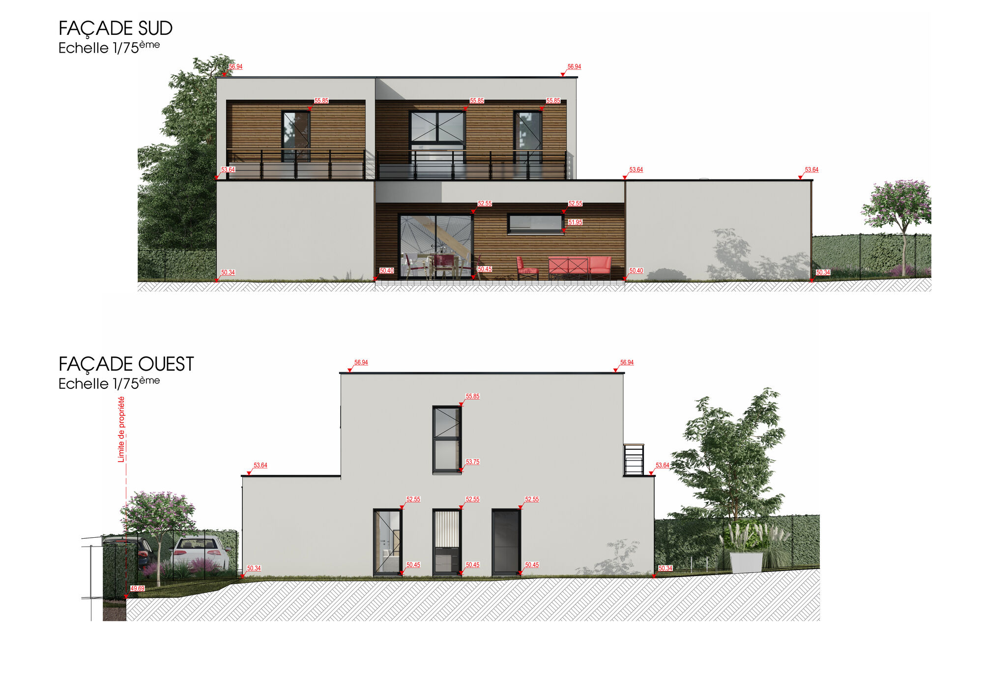 Plan des façades sud et ouest